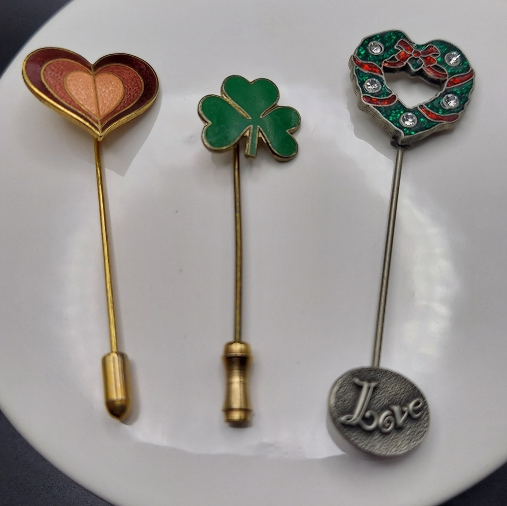 3 Festive Holiday Stick Pins, Christmas, St Patrick's & Valentine's.
